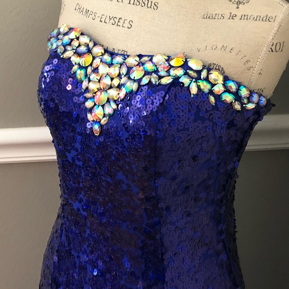 🔴CLEARANCE NEW TIFFANY DESIGNS SZ 2 ROYAL BLUE SEQUIN BEAD CORSET HIGH LOW GOWN - Picture 6 of 13